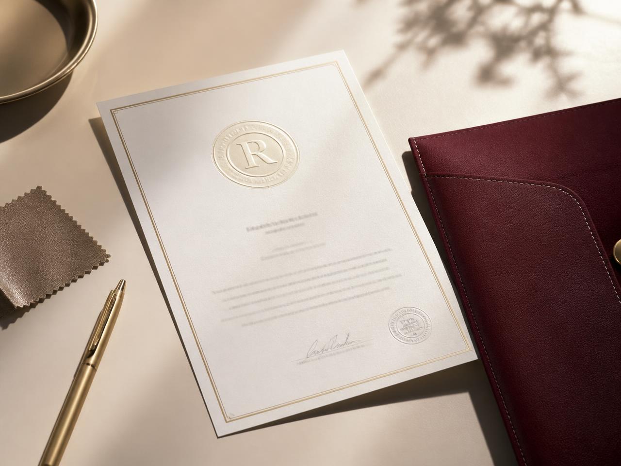 Certificado de registro de marca sobre mesa editorial com pasta em tom vinho e caneta dourada